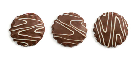Shortbread Biscuit Coated in White and Dark Chocolate. Round Cookies Pile Isolated on White Background Top Viewの写真素材