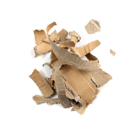 Cardboard Pieces Pile Isolated. Heap of Shredded Carton, Brown Wrapping Kraft Paper on White Background Top Viewの写真素材