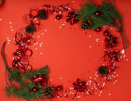 Christmas Round Frame Background with Decorations Top View and Flat Lay. Red Xmas Border with Copy Spaceの写真素材