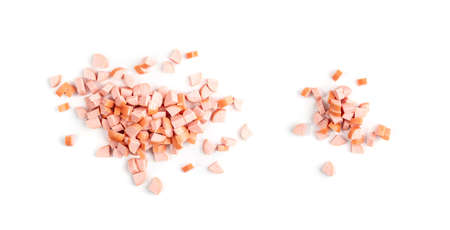 Diced Ham Isolated on White Background. Chopped Boiled Baloney Sausage, Cubed Mortadella Top Viewの写真素材