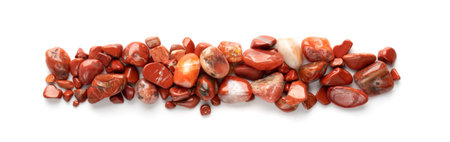 Jasper pebbles isolated. Red sardonyx polished stones, raw orange onyx pebble set, jasper gemstones, carnelian cabochons top viewの写真素材