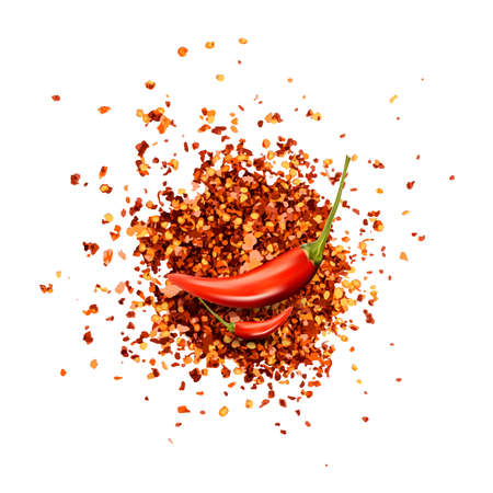 Red chilli pepper flakes with seeds isolated. Pile of broken crushed hot red pepper, dried chili flake with pink salt pieces vector illustrationのイラスト素材