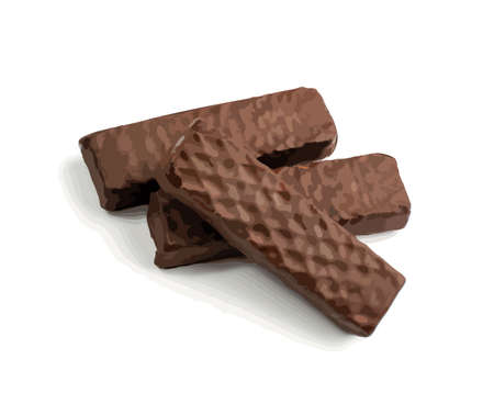 Group of Chocolate Wafers Isolated. Wafer Bar, Waffle Biscuits Coated in Dark Chocolate. Crunchy Bar Cookies, Long Biscuit Sticks on White Background Top Viewのイラスト素材
