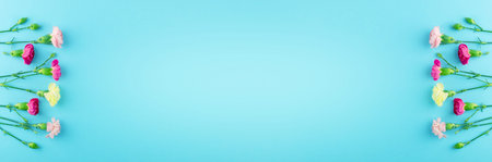 Carnation flower flat lay mockup on cool blue background top view. Pink and red flowers of dianthus or schabaud flatlay texture patternの写真素材