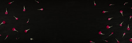 Red carnation petals pattern on a black background top view flat lay. Dark flower texture backgroundの写真素材