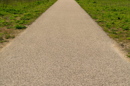 Asphalt road with grass texture background. Suburb sidewalk pattern, pathway wallpaper, footpath...