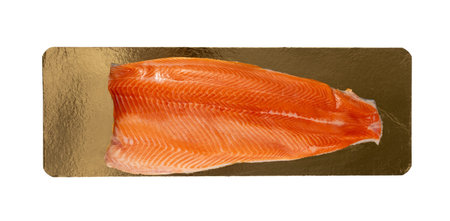 Salmon or Trout Fillet on a Gold Cardboard Isolated. Half of Red Fish on White Background Top Viewの写真素材