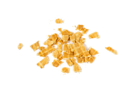 Broken round waffle isolated. Crumbled thin waffled cookie, golden belgian waffles bites, wafer...