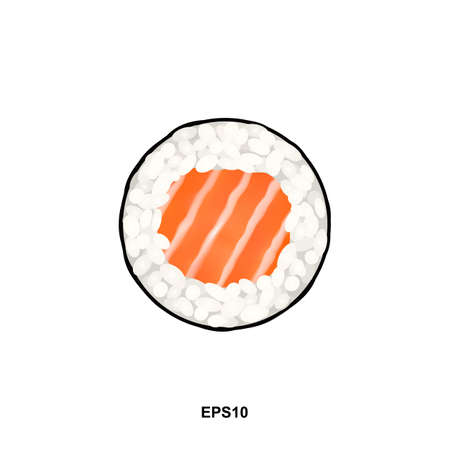 Salmon sushi roll vector illustration. Hosomaki susi, thin maki sushi rolls with raw trout, maguro tuna and nori isolated on white backgroundのイラスト素材