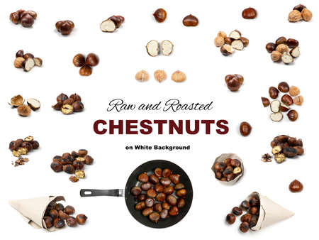 Grilled sweet whole chestnuts set isolated. Raw and baked roasted healthy delicious chestnut, autumn and christmas veggie food collection on white backgroundの写真素材