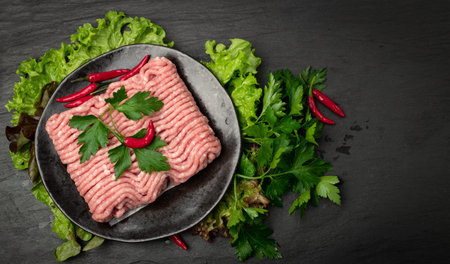 Minced pork meat top view. Ground fresh fillet, uncooked pig mincemeat, raw forcemeat, farce minced meat portion with greens and red pepper on black background top viewの写真素材