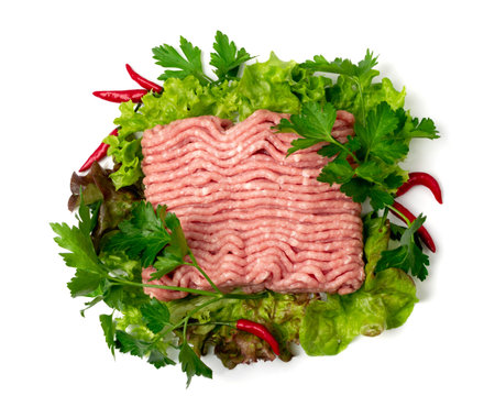 Minced pork meat isolated. Ground fresh fillet, uncooked pig mincemeat, raw forcemeat, farce minced...