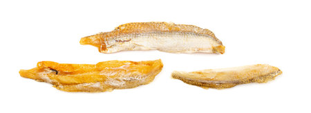 Dried fish sticks isolated. Dry salted seafood snack, hake stockfish, small pieces of dehydrated...