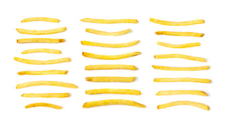 French Fries Set Isolated. Fried Potato Sticks with Skin, Golden Fries Pile, Roasted Potatoes Heap, Finger Chips, Frites on White Background Top Viewの写真素材