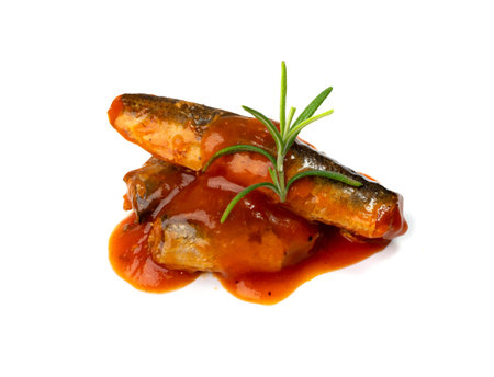 Fish in tomato sauce isolated. Fried herring, sprat fillet, canned mackerel with ketchup, saury in red sauce on white backgroundの写真素材