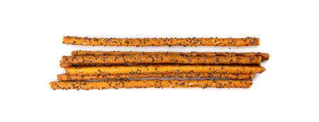 Bread stick isolated. Pretzel sticks pile, straws, poppy seeds grissini, pretzels snack,...