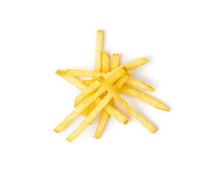French Fries Isolated. Fried Potato Sticks with Skin, Golden Fries Pile, Roasted Potatoes Heap, Finger Chips, Frites on White Background Top Viewの写真素材