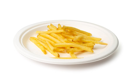 French Fries on Paper Plate Isolated. Fried Potato Sticks with Skin, Golden Fries Pile, Roasted...
