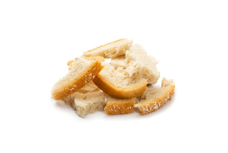 Sourdough Bread Pieces Isolated. Crumbled Bread Piece Pile, Small Bit Set, Bun Crumbs on White...