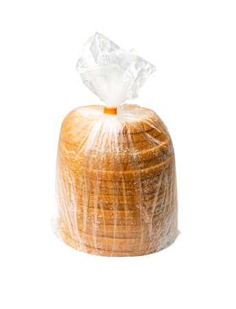 Sliced bread in plastic bag isolated. Toast bread slices package, breakfast grain loaf cuts in plastic wrap on white background with clipping pathの写真素材