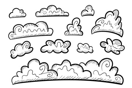 Hand drawn clouds. Sketchy cloud set isolated, sketched sky, pencil outline heaven, doodle clouds vector illustrationのイラスト素材