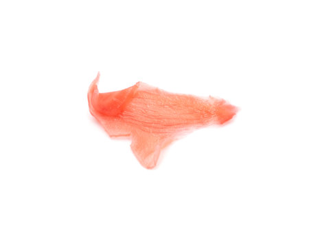 Pickled ginger isolated. Marinated ginger slices pile, pickled gari, sushi ingredients on white background top viewの写真素材