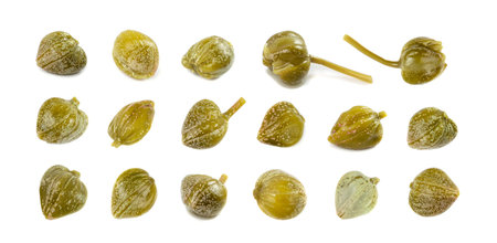 Pickled capers set isolated. Marinated caper buds, small salted capparis, fermented food, pickled...