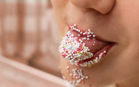 Sweet sprinkles on kid tongue closeup. Sweet glaze decoration mix with selective focus, blurred backgroundの写真素材