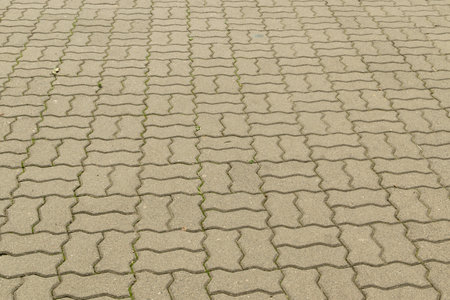Modern paved path texture background, new slab sidewalk pattern, pathway wallpaper, marble brick path road, granite tiles walkway with copy space top viewの写真素材