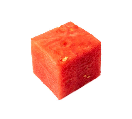 Watermelon cube isolated. Chopped water melon, Cubic Citrullus lanatus, red wassermelone cut, square fruit piece, seedless watermelon single cube on white backgroundの写真素材