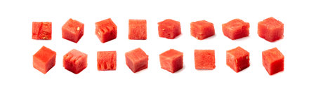 Watermelon cubes isolated. Water melon cube set, chopped Citrullus lanatus, red wassermelone cuts, square fruit piece, seedless watermelon cubes collection on white backgroundの写真素材