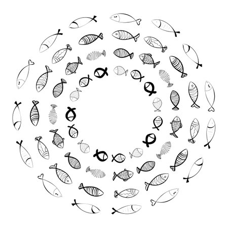 fish school. Hand drawn fishes flock, round sketched fish group, doodle drawing shoal, fishing vector illustrationのイラスト素材