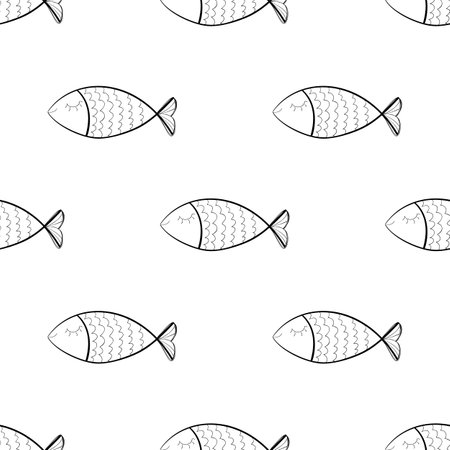 Hand drawn fishes seamless pattern. Sketched fish background, doodle sea tile, drawing fishing symbols, ocean fish vector illustrationのイラスト素材