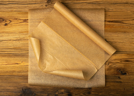 Brown Baking Paper, Kraft Cooking Paper Sheet Texture Background, Bakery Parchment Mockup, Greaseproof Material, Baking Paper on Wood Background Top View with Copy Spaceの写真素材