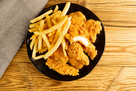 Breaded Fried Chicken Wings, Fingers and Drumsticks on Wooden Rustic Background Top View. Hot Crispy...
