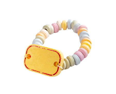 Tablet Candies Bracelet, Compressed Sugar Powder Confectionery, Dextrose Candy Necklace Parts, Lozenges on White Backgroundの写真素材
