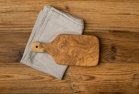 Old Wood Cutting Board Mockup, Vintage Chopping Board Background, Rustic Napkin, Empty Cut Desk, Cutting Board Copy Space Top Viewの写真素材