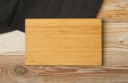 Old Wood Cutting Board Mockup, Vintage Chopping Board Background, Rustic Napkin, Empty Cut Desk, Cutting Board Copy Space Top Viewの写真素材