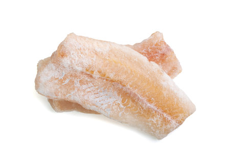 Frozen Fish Isolated, White Cod Fillet, Iced Hake Filet, Frozen Pollock Meat on White Background