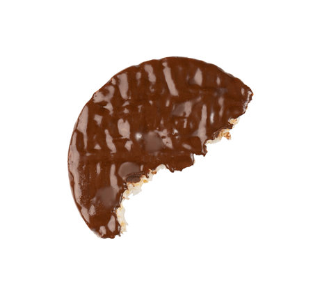 Bitten Puffed Rice Cake with Chocolate Isolated. Rice Diet Bread, cereal waffle, Cocoa Crackers on White Background, Clipping Pathの写真素材