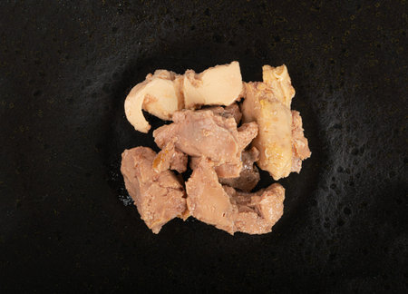 Cod Liver Closeup, Fish Fat Omega-3 Food, Macro Detailed Healthy Seafood Meal, Cod Liver on Black...