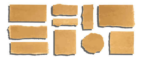 Cardboard Geometric Pieces Set Isolated, Carton Piece Mockups Collection, Square, Circle, Round Ripped Kraft Paper, Brown Papers Vector Illustrationのイラスト素材