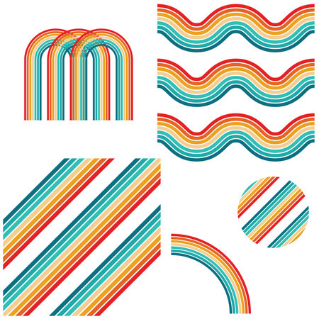 Retro Rainbow Abstract Background, Vintage 70s Rain Bow Arch Vector Illustration, 1970s Multicolor Flat Party Rainbowのイラスト素材