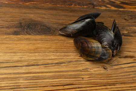 Empty Mussels Shell, Black Clams Shells, Eaten Mollusc, Empty Shellfishes, Seafood Leftovers Mussel on Wood Background Top Viewの写真素材