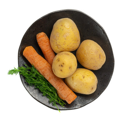 Boiled Potato in Skin Isolated, Whole Prepared Unpeeled Vegetables, Healthy Diet Ingredient Boiled Potato and Carrots on White Backgroundの写真素材