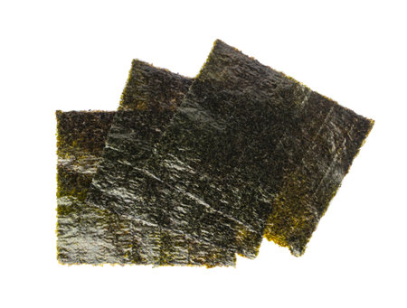Nori Sheet Isolated, Dried Aonori Seaweed, Dry Sea Weed, Seaweed Sheets, Nori Seaweed Pieces on White Backgroundの写真素材