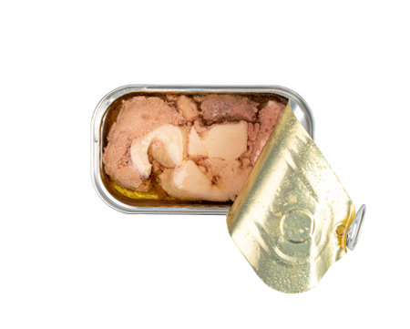 Cod Liver in Tin Can Isolated, Canned Fish Fat Omega-3 Food, Healthy Seafood Meal, Cod Liver on White Backgroundの写真素材