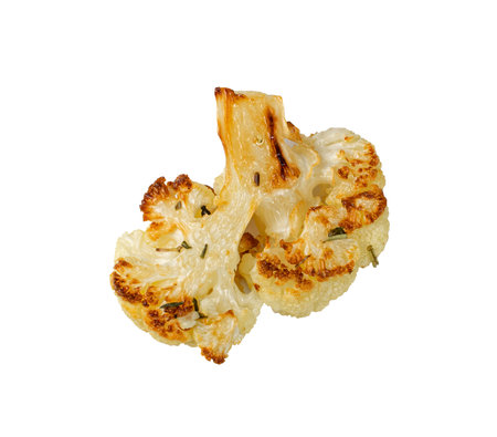 Fried Cauliflower Slices Isolated, Baked Cauliflower Steaks, Roasted Cabbage Steak with Herbs Top View, Clipping Pathの写真素材