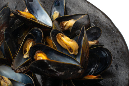 Mussels Pile Closeup, Unshelled Clam, Peeled Mussel, Open Shellfish Seafood, Macro Mussels Meat,...