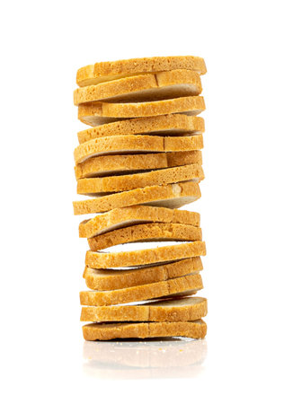 Dry Round Crackers Stack Isolated, Sliced French Baguette Bread, Crunchy Croutons, Bruschetta...